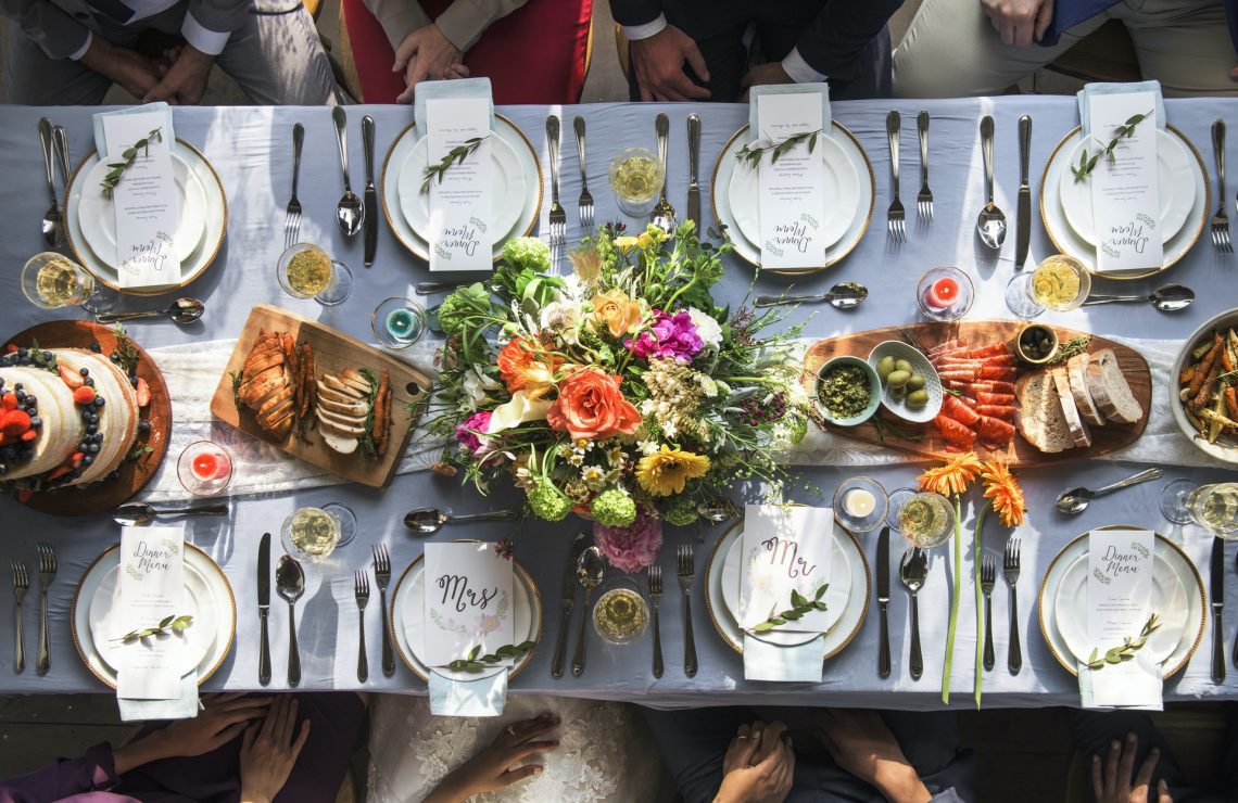 Wedding Reception Table Setting Aerial Top View